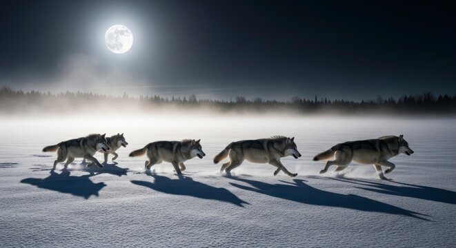 Wolves running in snowy landscape under moonlight dramatic scene