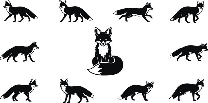 Flavector collection of wild fox silhouettes and black icons featuring running standing and sitting poses for forest wildlife nature design projects.
