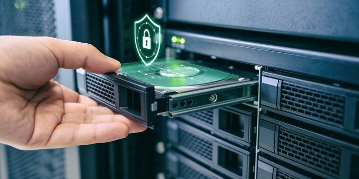 Secure server backup drive installation in data center with lock overlay and copy space for cybersecurity storage recovery header