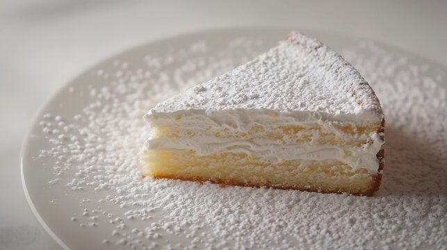 A delicate slice of sponge cake dusted heavily with white powdered sugar rests on a white plate.