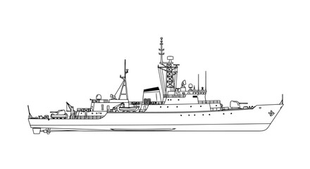 Fototapeta premium Naval Warship Line Icon – Military Ship Ocean Defense Vessel Detailed Illustration