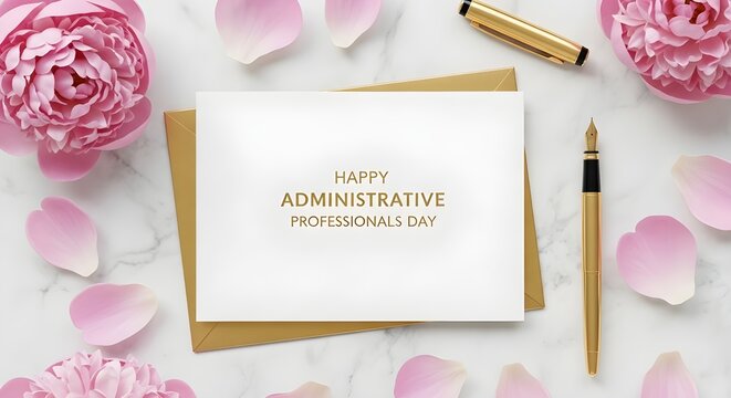 Happy Administrative Professionals Day card with gold envelope and pink peonies on marble background