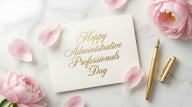 Elegant Administrative Professionals Day greeting card with gold calligraphy and pink flowers
