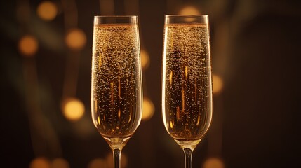effervescence. Two champagne glasses filled with bubbly liquid, capturing a festive moment with golden reflections. bar promotions.