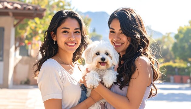 Two women smiling while holding a small white dog