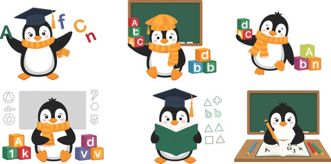 Obraz premium Cute Penguin Education Character Set with Cartoon Penguin Learning Alphabet Reading Book Writing on Board and School Elements for Kids Vector Illustration
