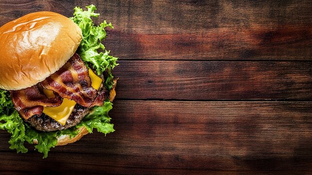 patty. A gourmet bacon burger with beef patty, lettuce, and melted cheese on a rustic wooden surface. menu design, packaging mockups, designed for food delivery and cloud-kitchen brand materials.