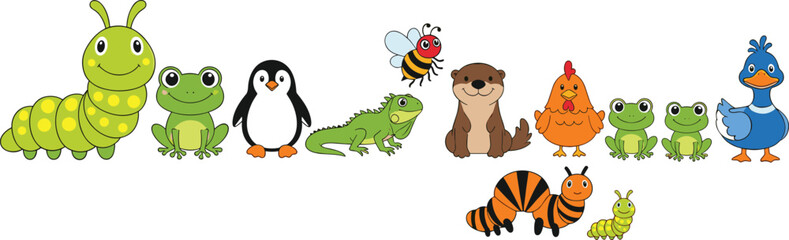 Fototapeta premium Cute Animal Character Set with Caterpillar Frog Penguin Lizard Otter Chicken Duck Bee and Cartoon Wildlife Collection for Kids Vector Illustration