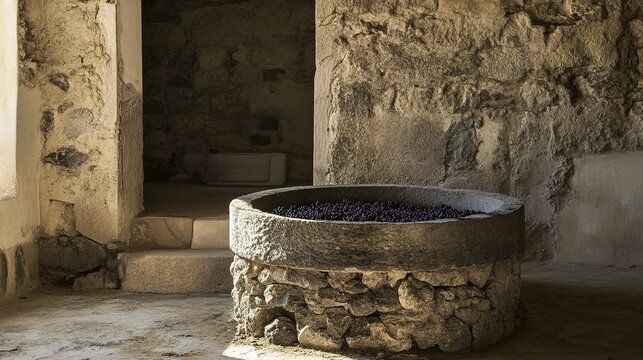 winepress. Ancient stone wine press with deep purple grape residue, textured surface in soft window light. bar promotions, beverage menus, designed for food & beverage menus and cafe branding.