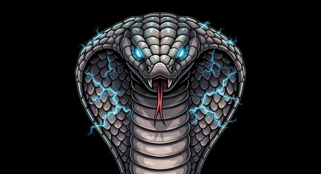 King Cobra Snake Mascot with Electric Blue Lightning Scales Isolated on Black Background