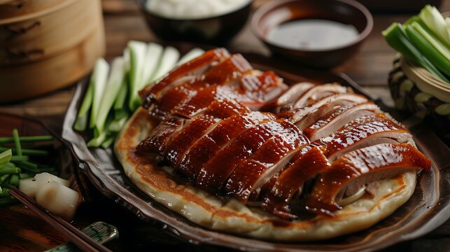 Slices of glossy roasted Peking duck rest atop a thin pancake with scallions nearby.