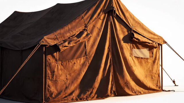 A brown militarystyle tent with a pointed roof and open flap isolated on white background