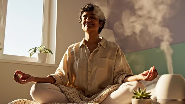 Person meditating indoors with diffuser mist by sunny window