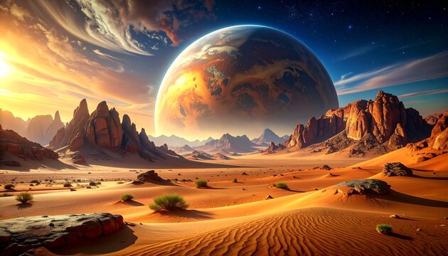 A vibrant cosmic landscape showcases a colossal planet above rugged, sun-drenched desert canyons and sandy dunes with dramatic skyscapes