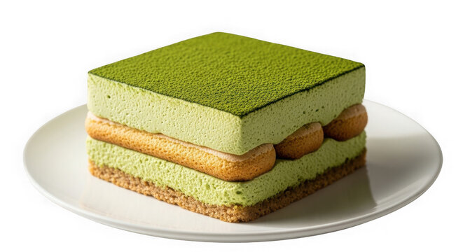 A square slice of matcha tiramisu cake on a white plate isolated on transparent background