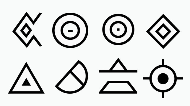 An array of minimalist geometric icons, each a black line drawing on a white field
