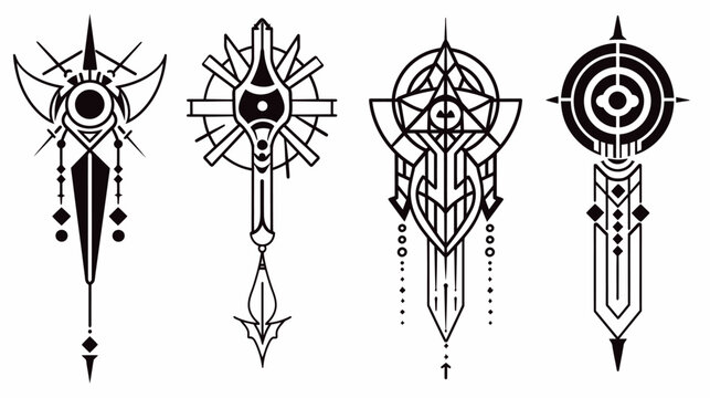 Four abstract, stylized icons in black and white line art, arranged side-by-side