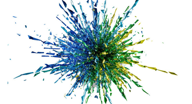 high-speed macro photograph of intensely saturated metallic confetti (blue, cyan, green, yellow) shards exploding against a pure black background, dramatic side lighting, abstract concept of kinetic