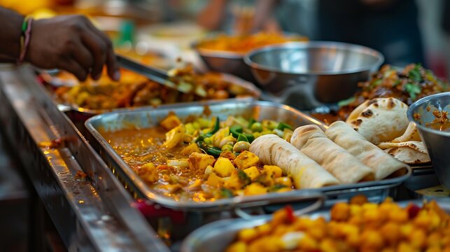 A vendor serves warm Indian curries and rolls from a busy stainless steel buffet.