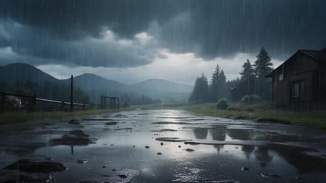 Rainy day solitude on a desolate country road, with glistening puddles under a brooding sky, leading towards distant misty peaks and a secluded house