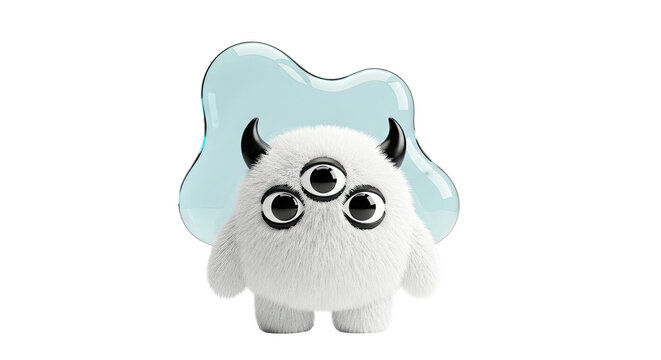 Fluffy three-eyed monster with horns and a blue blob
