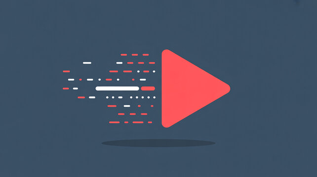 Vibrant red play button icon showing fast data streaming on a dark blue gray digital background representing speed and online media