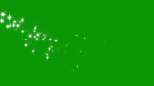 Glowing sparkle stars line animation, white twinkling particles shimmer, magic glitter dust trail, curved star motion burst, seamless shiny transition overlay on green background. 4k video.