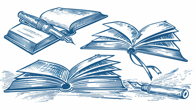 Open books and pens in blue, in sketched vintage-style artwork on white background