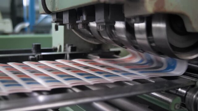 Close-up view of a modern industrial printing press machine actively processing and stacking colorful printed paper sheets in a factory setting.