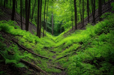 Obraz premium Forest path carving a peaceful valley, surrounded by vibrant green ferns and tall trees creating a serene natural landscape