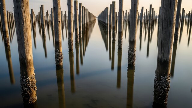 Reflections of weathered wooden pilings