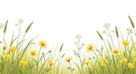 Obraz premium Beautiful yellow flowers and green grass on isolated transparent background for spring and summer designs