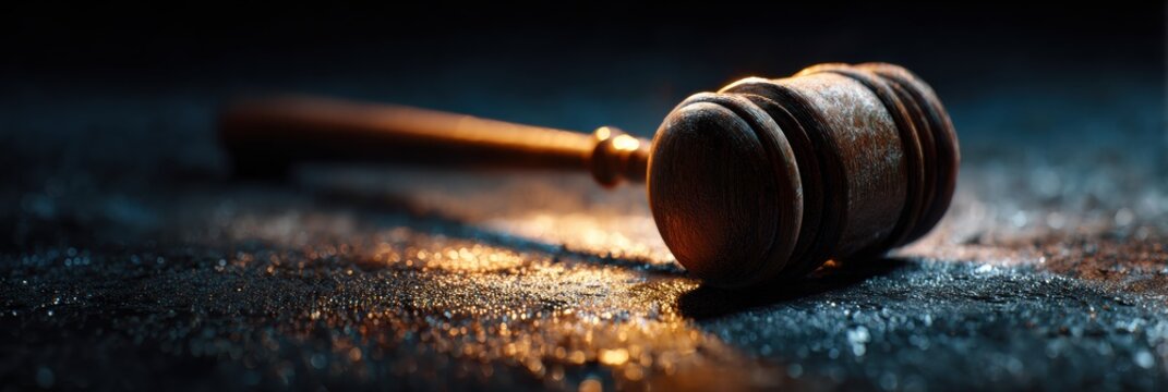 Judges Gavel on Dark Surface With Overhead Light Creating Abstract Texture and Concept of Judgment and Finality