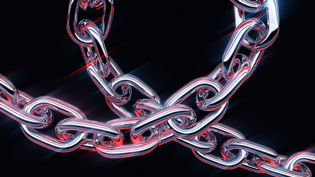 Close-up silver metal chain links interlocked with red lighting