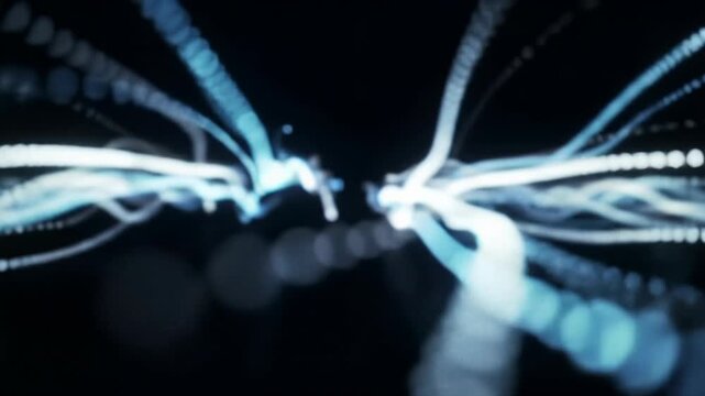 Evolving digital light patterns with vibrant chromatic aberration & ethereal bokeh gracefully shift & weave on a deep dark background, captured by a slow ethereal dolly video. Concept of advanced AI