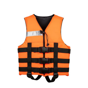 Orange life jacket with black straps and reflective strip