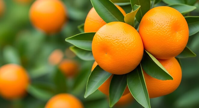 Fresh oranges hanging from tree with green leaves outdoors in nature