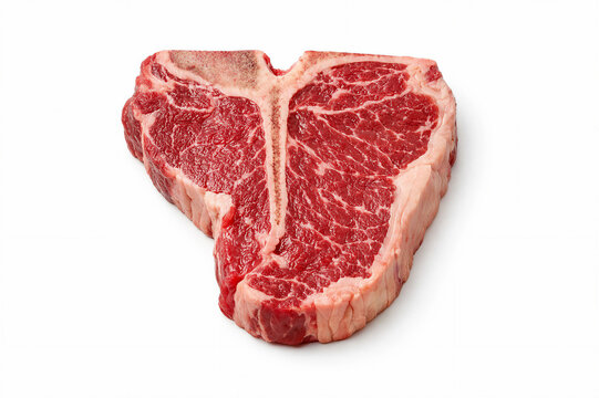 Large raw T bone steak displayed prominently showing marbling and red meat