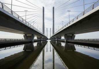 Fototapeta premium Symmetrical view of a modern cable stayed bridge over a calm river with reflections on a cloudy day