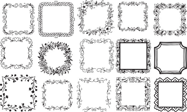 whimsical and romantic border designs including swirling vines and curls, leafy branches,  and flower wreaths, scalloped edges, heart accents,  patterns, and delicate floral motifs 