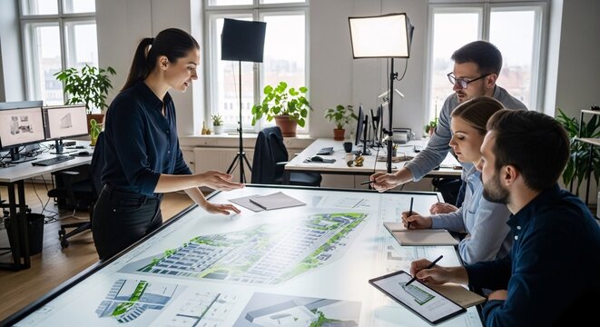 Diverse team of architects and designers collaborating on urban planning projects using advanced interactive digital table technology in a contemporary office environment, fostering innovation and str