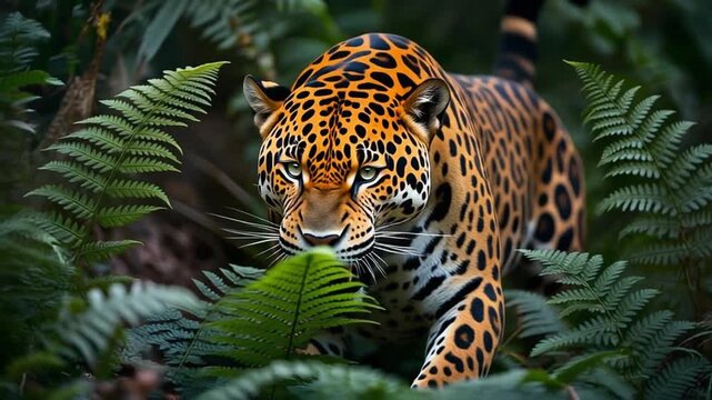 Powerful Jaguar Roaring in Lush Jungle Rainforest Setting
