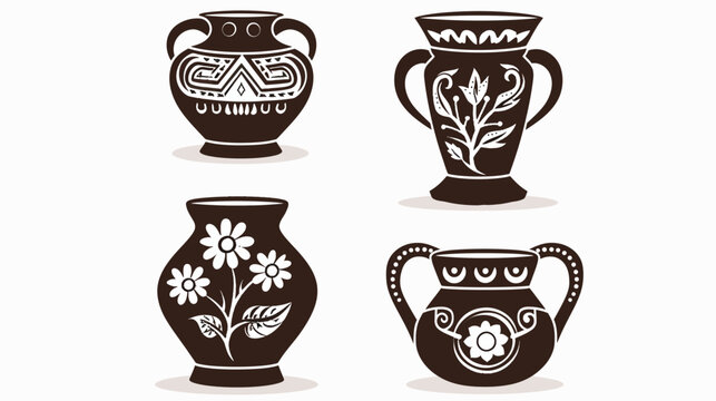 Four ornate brown ceramic pots with white floral and geometric designs, on a white backdrop