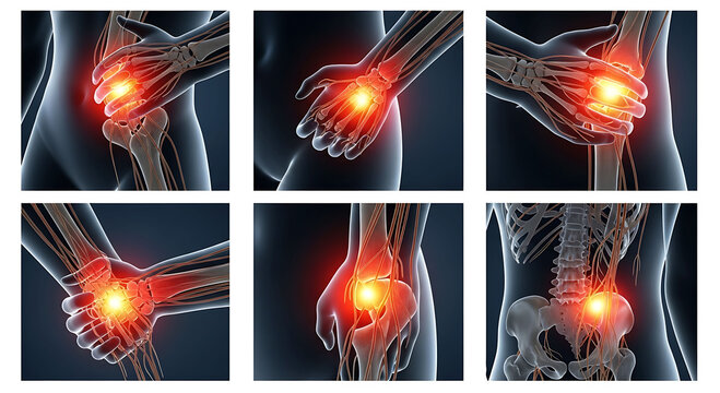 Human joint pain and nerve inflammation in body parts anatomy illustration