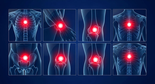 Human skeleton showing joint pain in various body parts with red glowing spots