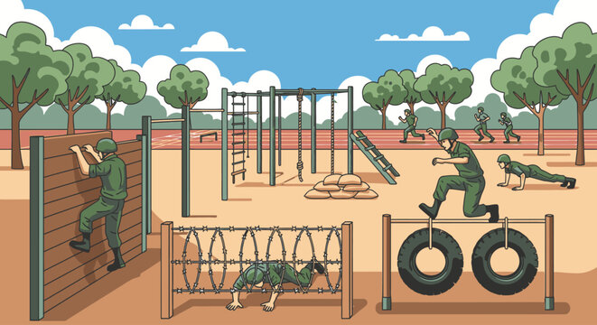 Illustration of military personnel navigating an obstacle course with various challenges in a training area surrounded by trees under a blue sky.