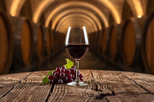 premium red wine glass paired with ripe grapes set against a warm atmospheric background of authentic wooden wine barrels in a cellar
