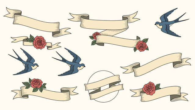 Set of vintage tattoo style elements including swallow birds red roses and blank scrolls for traditional old school design projects.