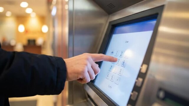Close-up of a hand entering a PIN on a touchscreen ATM. Digital banking and financial transaction concept.