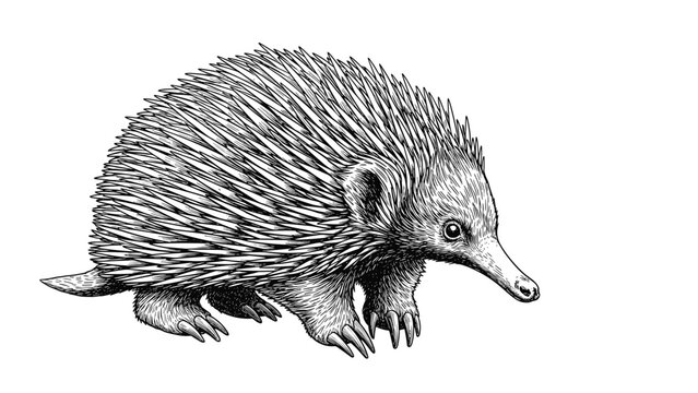Detailed black and white engraving style illustration of a short-beaked echidna showing its characteristic spines and long snout.